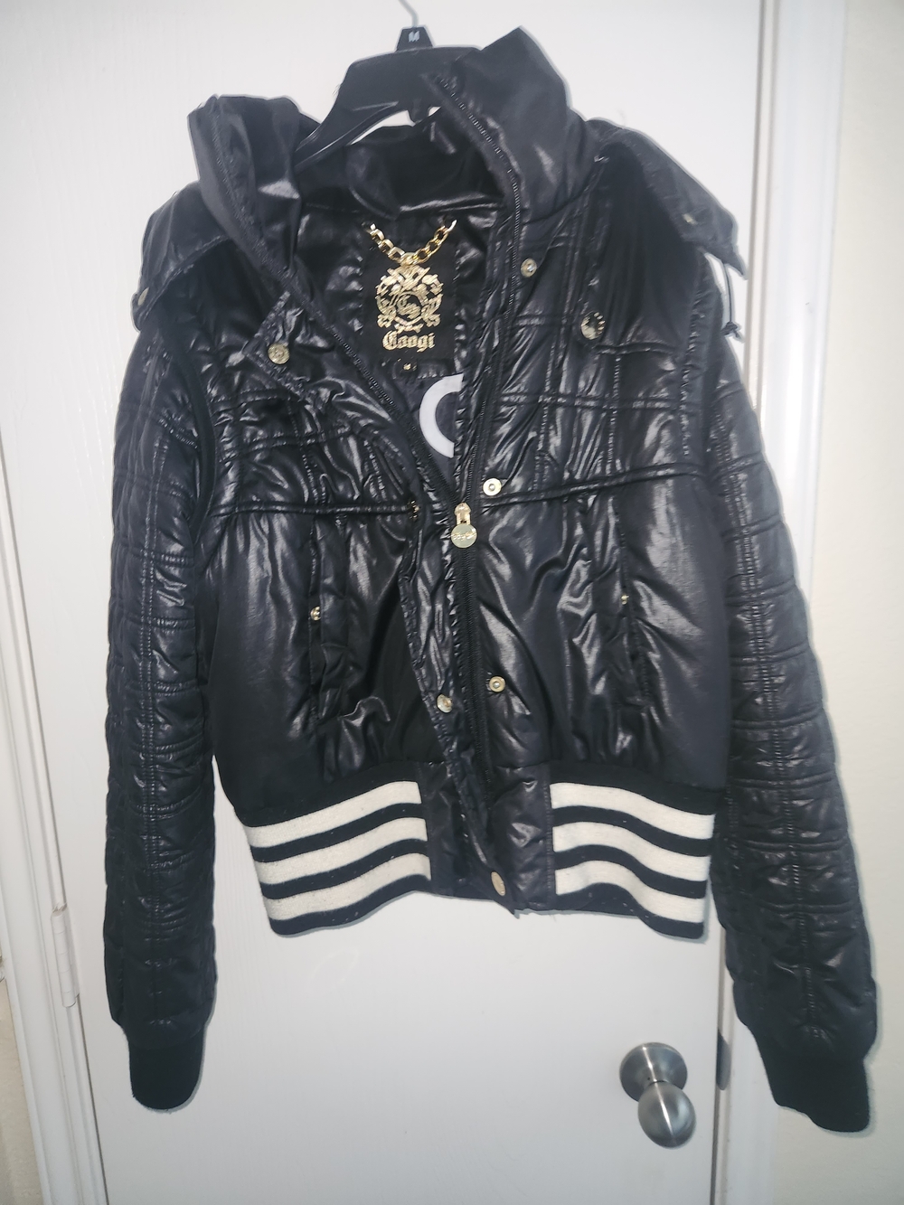 Coogi Black Quilted Hooded Jacket with Striped Rib Hem